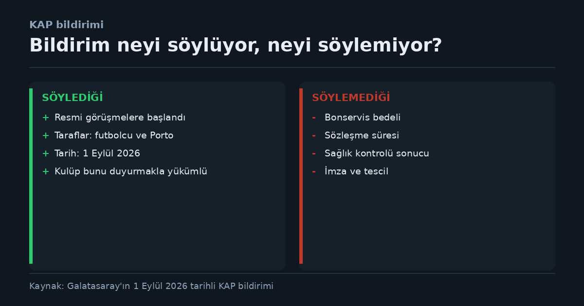 KAP bildiriminin söyledikleri ve söylemedikleri: bildirim resmî görüşmelere başlandığını duyuruyor, tarafları ve tarihi belirtiyor; buna karşılık bonservis bedeli, sözleşme süresi, sağlık kontrolü ve imza bildirimde yer almıyor